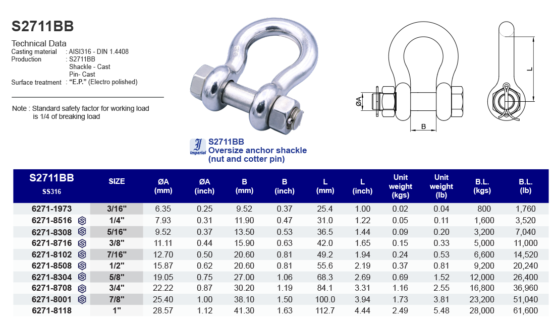 S2711BB Oversize anchor shackle (nut and cotter pin) - 316