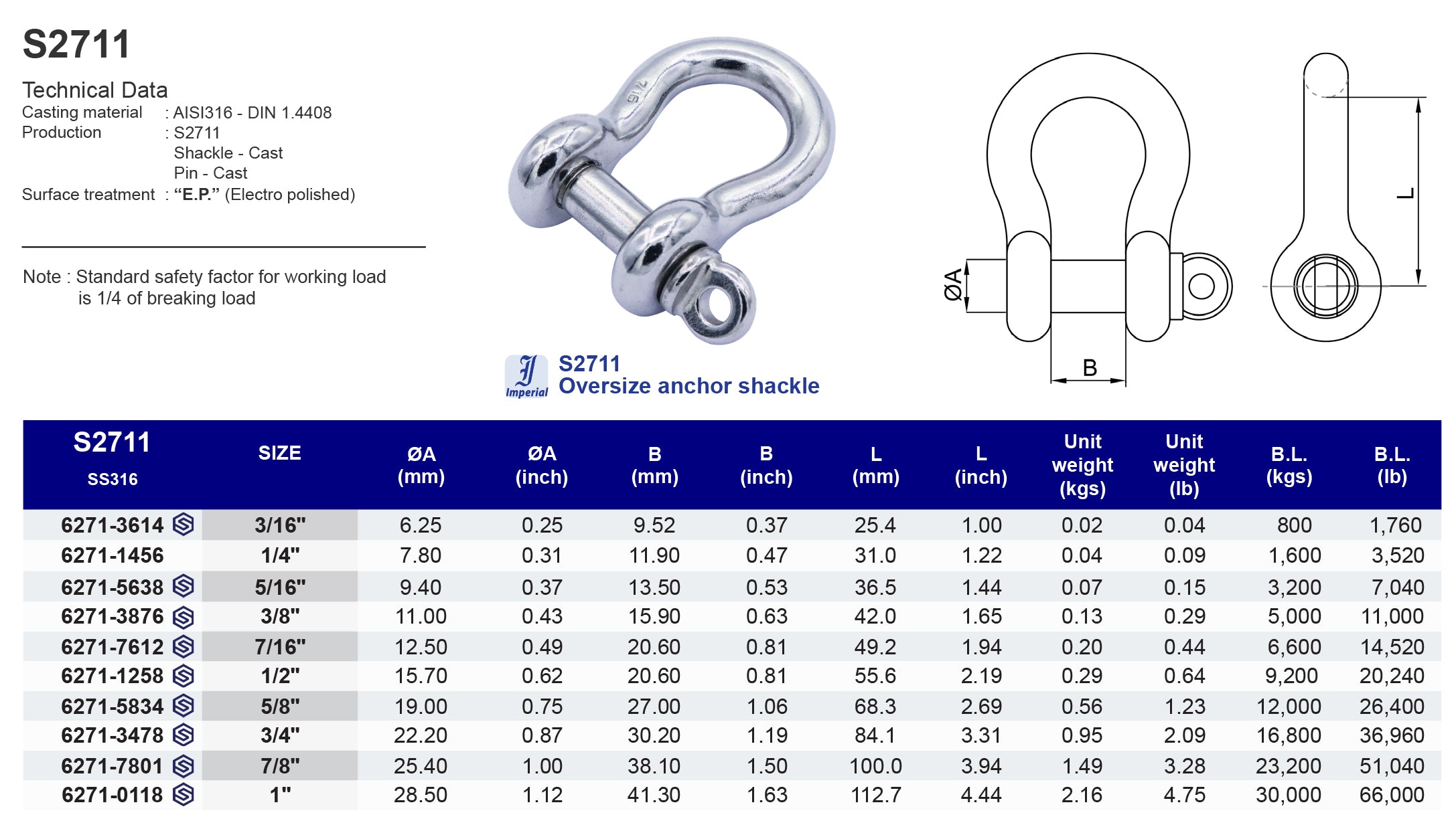 S2711 Oversize anchor shackle - 316