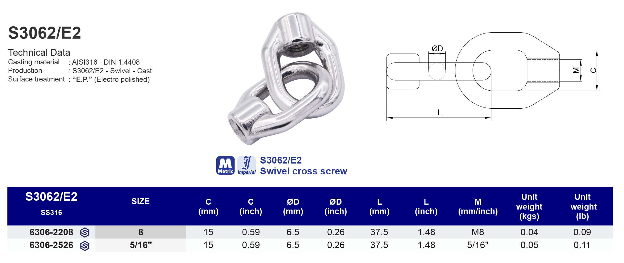 S3062/E2 Swivel cross screw - 316