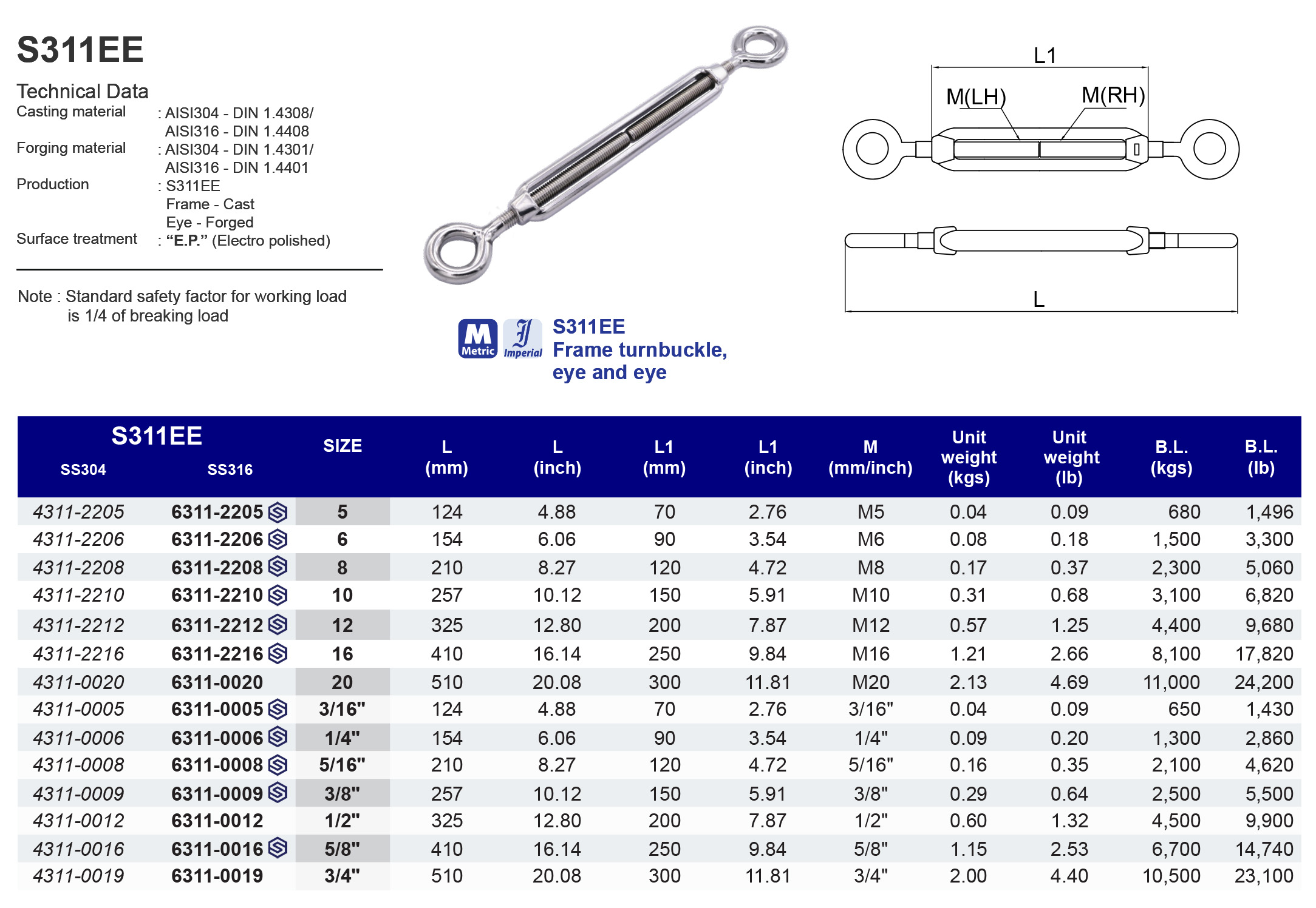 S311EE Frame turnbuckle eye and eye - 304