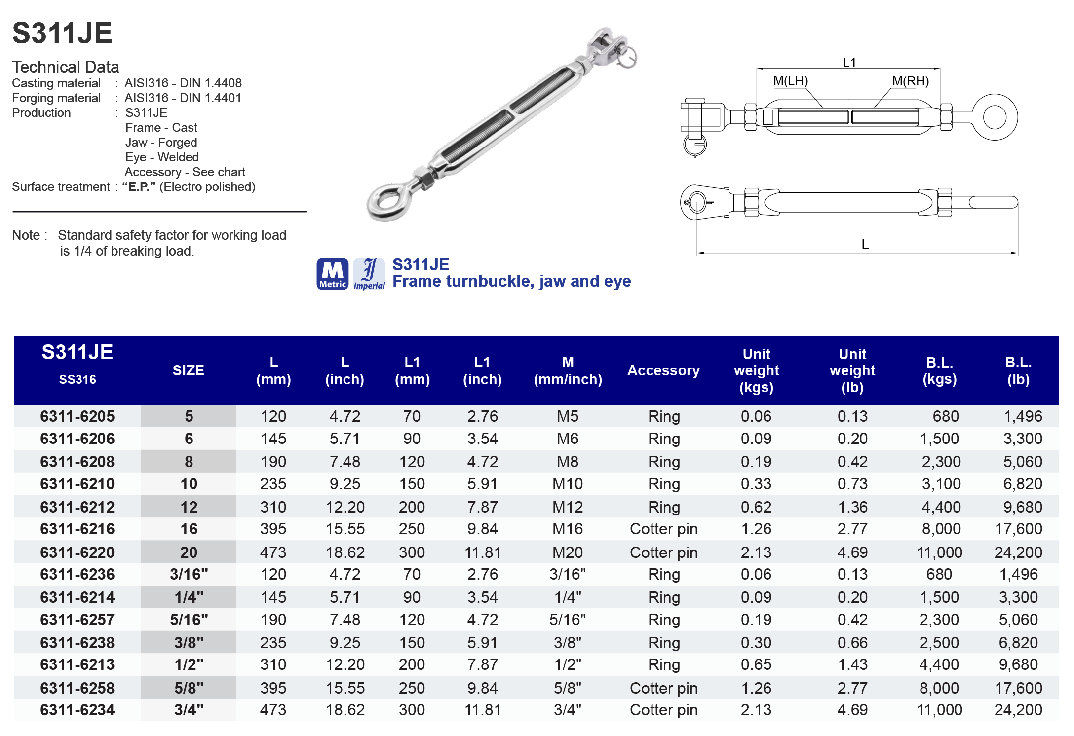 S311JE Frame turnbuckle, jaw and eye - 316