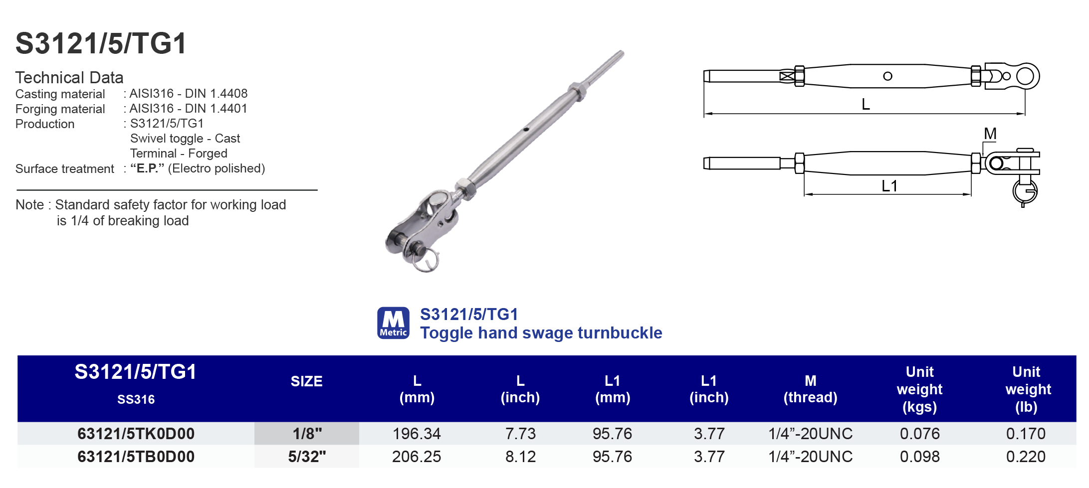 S3121/5/TG1 Toggle hand swage turnbuckle