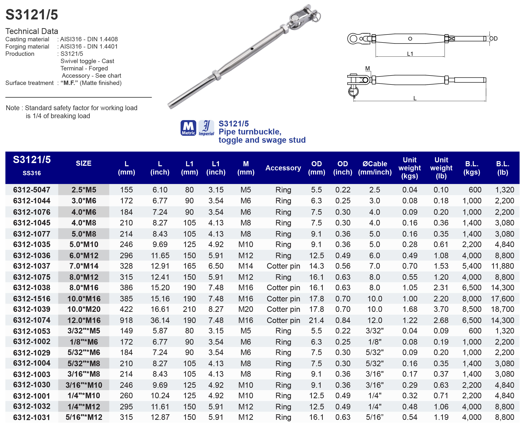 S3121/5 Pipe Turnbuckle toggle and swage stud - 316