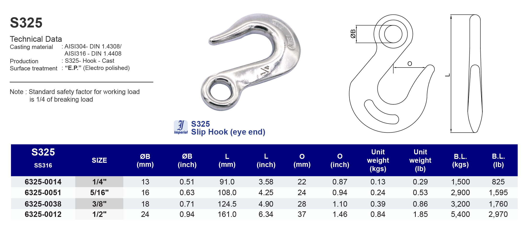 S325 Slip Hook (eye end) - 316