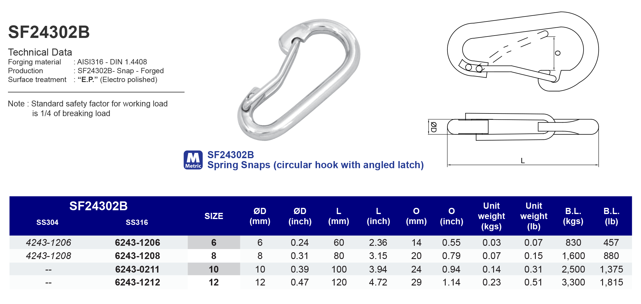 SF24302B Spring Snaps (circular hook with angled latch) - 316