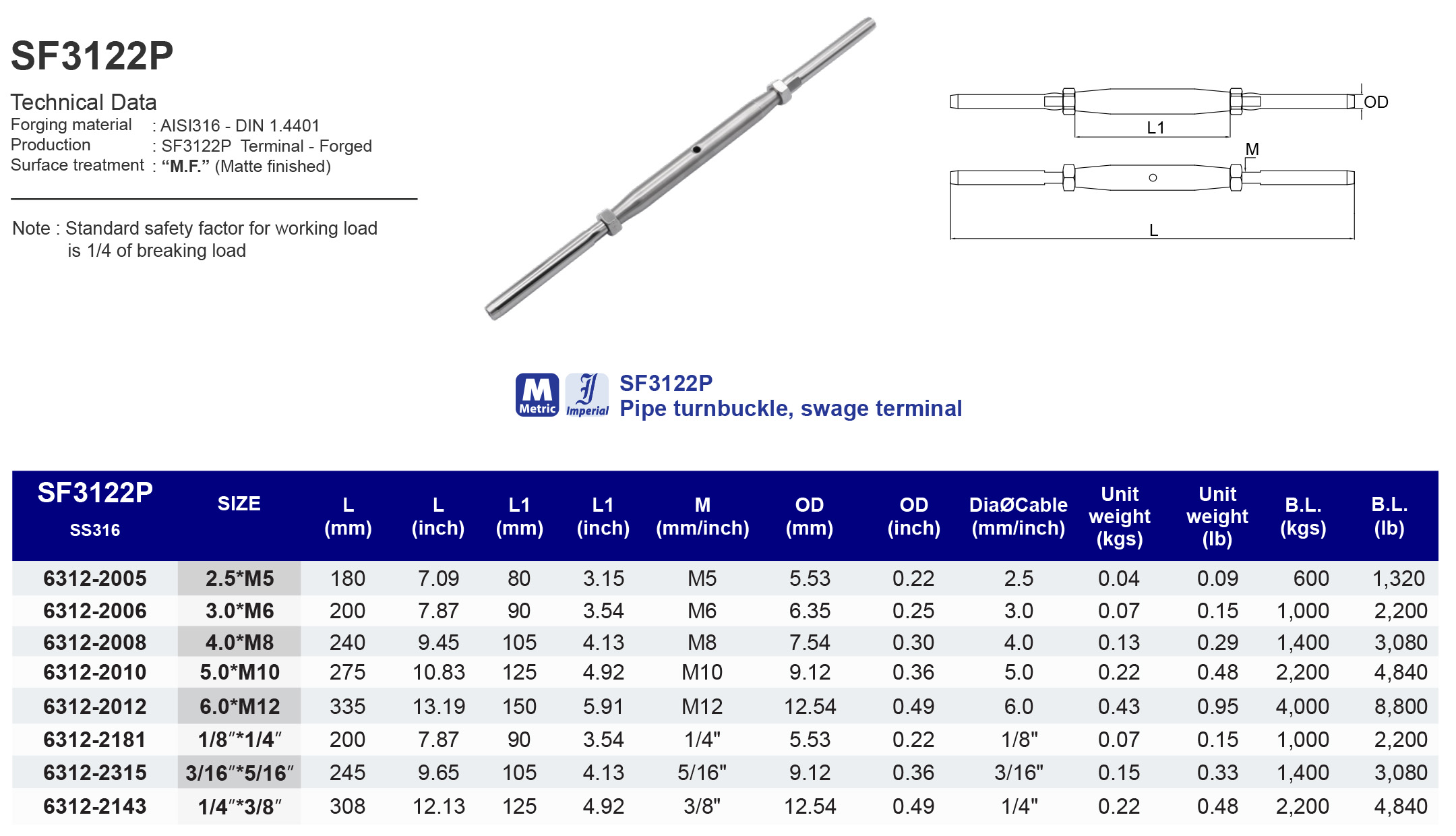 SF3122P Pipe turnbuckle, swage terminal - 316