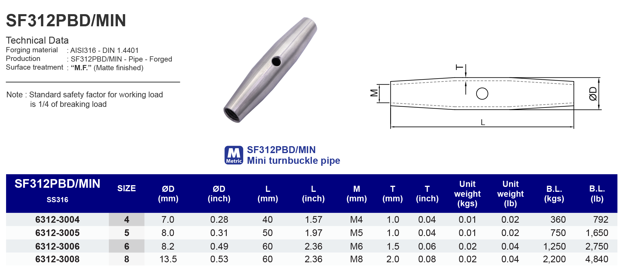 SF312PBD/MIN  Mini turnbuckle pipe - 316