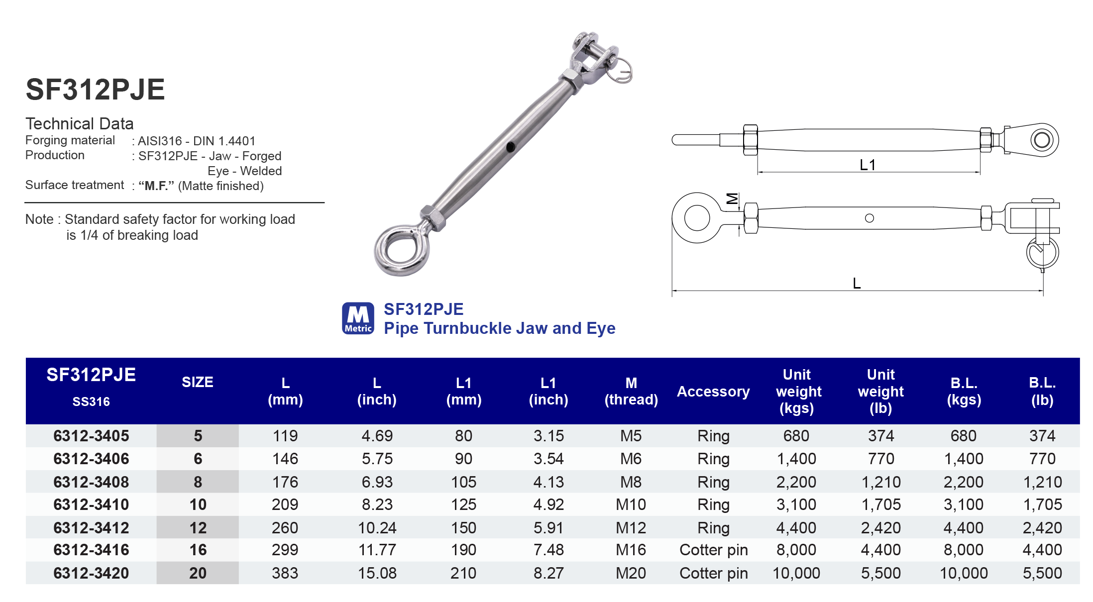 SF312PJE Pipe Turnbuckle Jaw and Eye