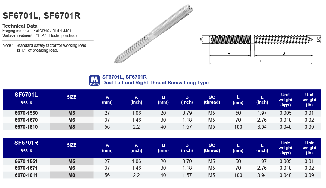 SF6701L-R Dual Left and Right Thread Screw Long Type