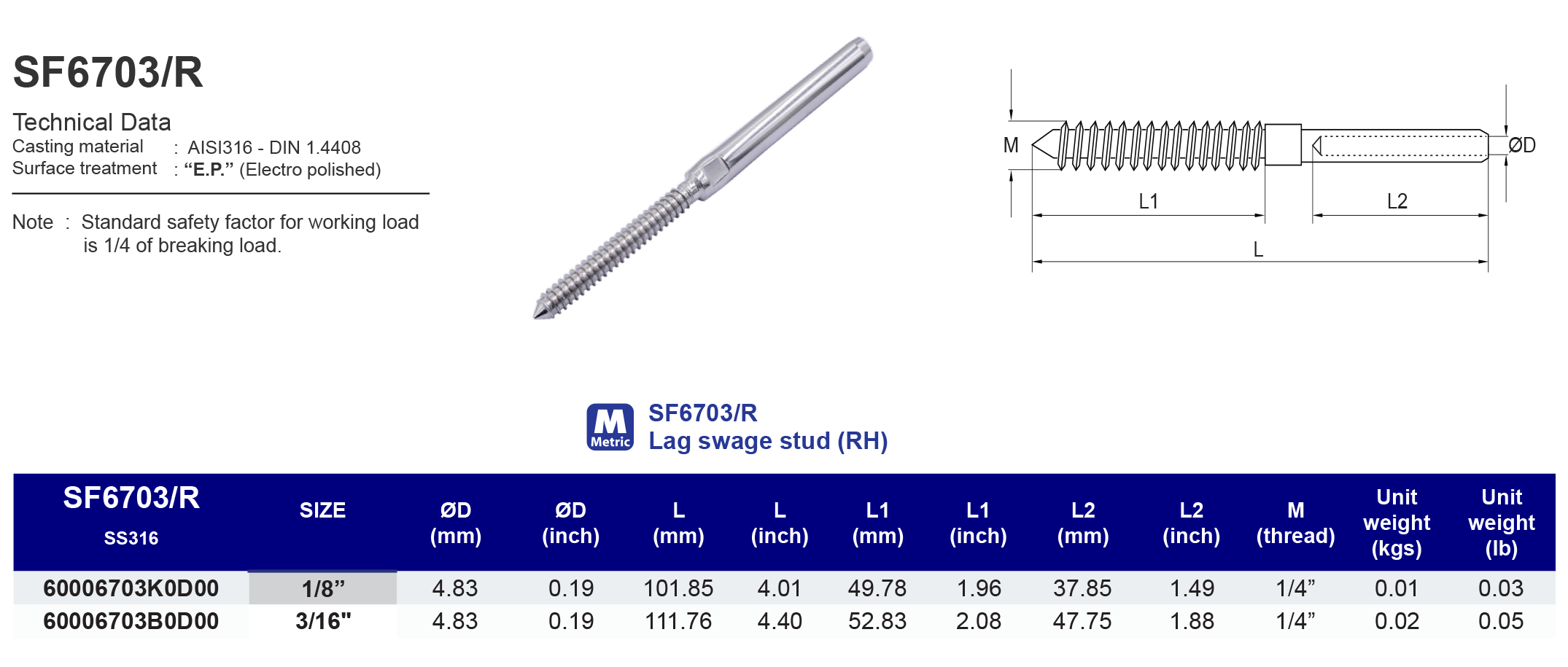 SF6703R Hand swage Lag swage stud (RH)