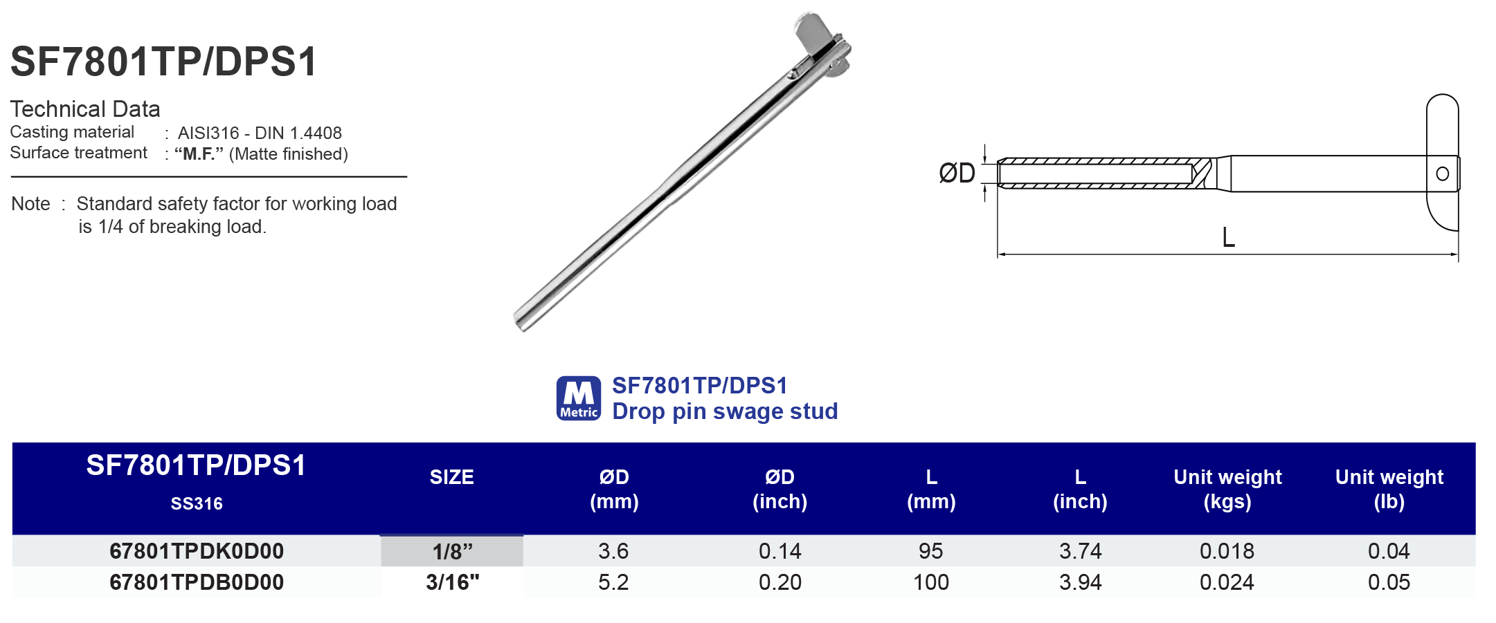 SF7801TP/DPS1 Drop pin swage stud