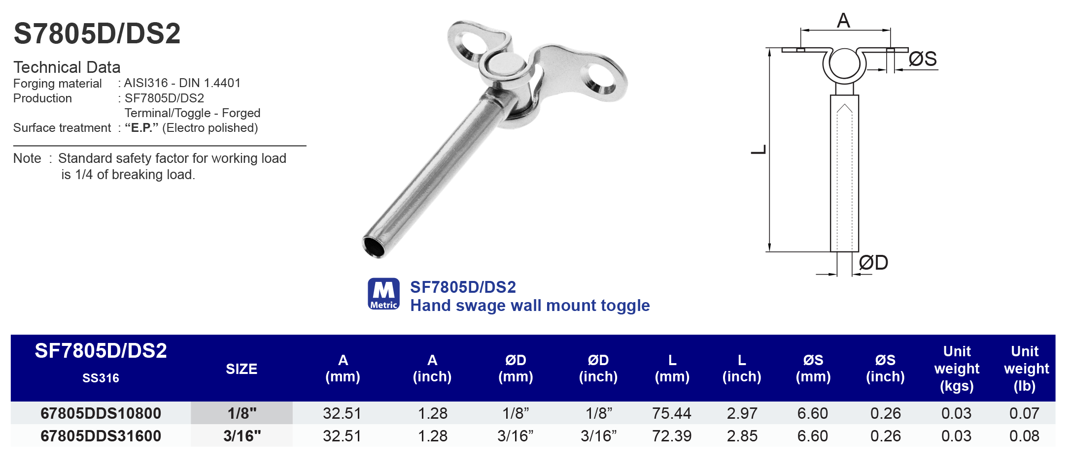 S7805D/DS2 Hand swage wall mount toggle