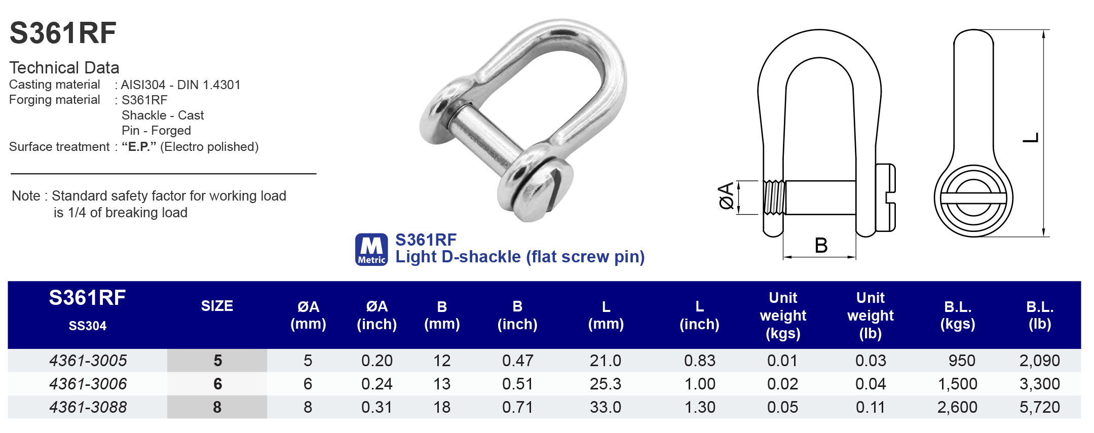 S361RF Light D-shackle (flat screw pin) - 304