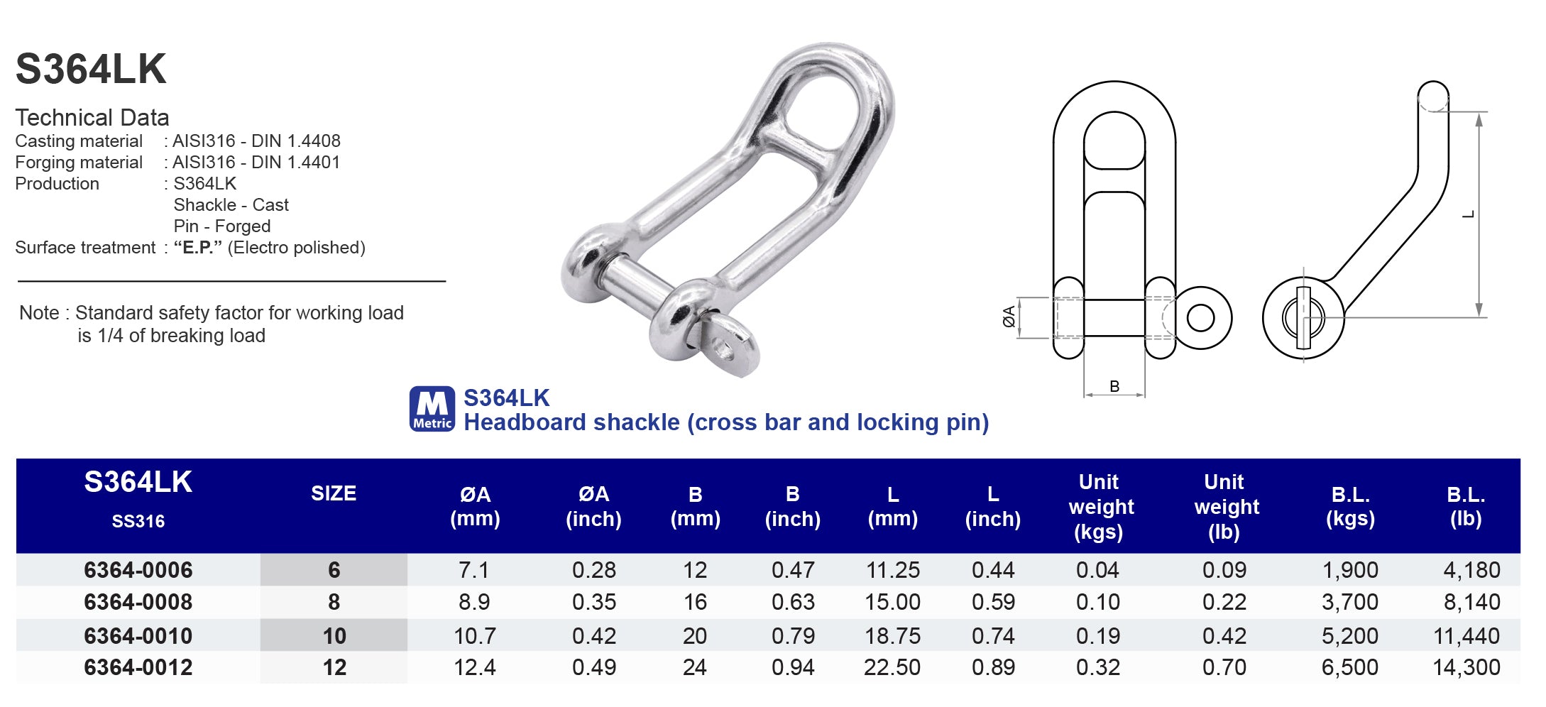 S364LK Headboard shackle (cross bar and locking pin) - 316