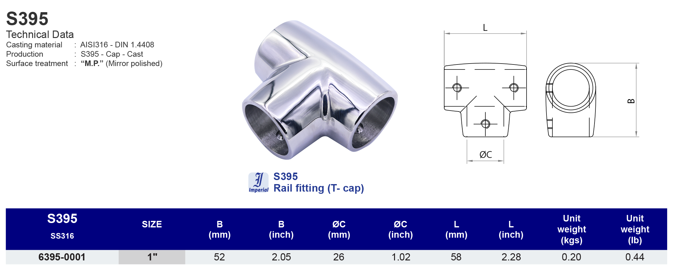 S395 Rail fitting (T-cap) - 316