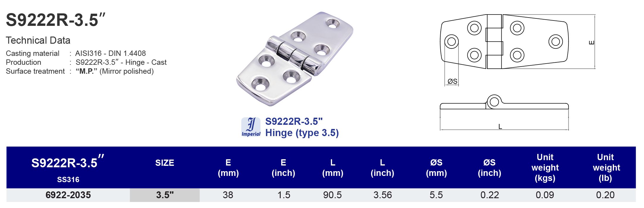S9222R-3.5" Hinge (type 3.5) - 316