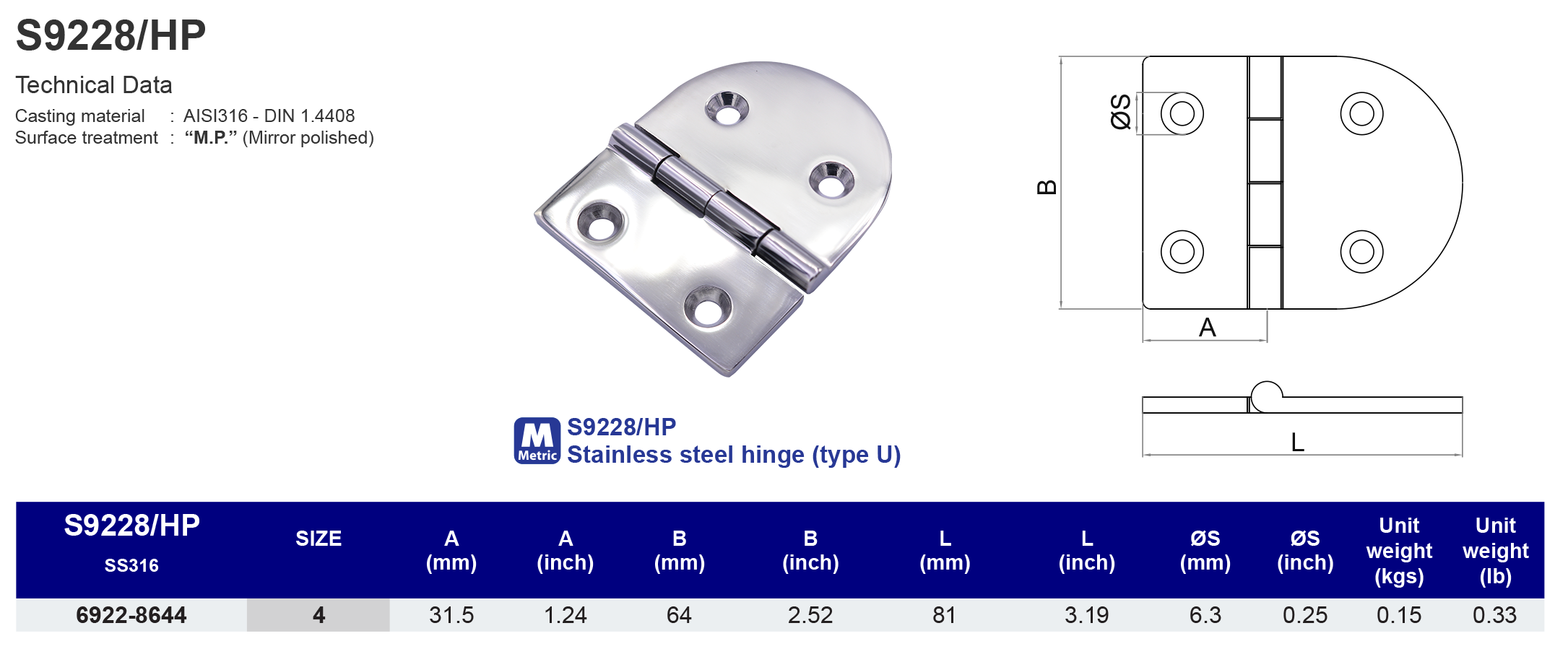 S9228/HP Stainless steel hinge (type U) - 316