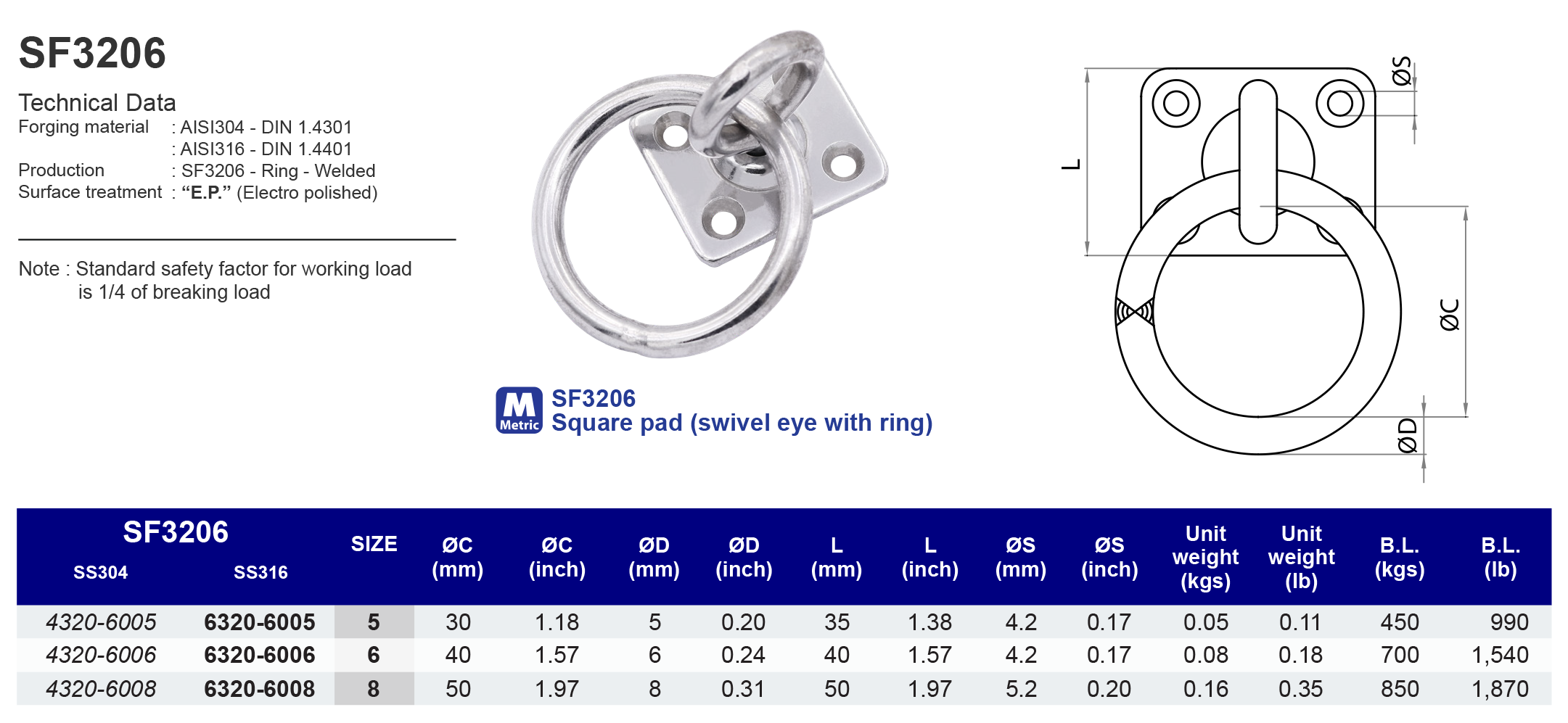 SF3206 Square Pad (swivel eye with ring) - 316